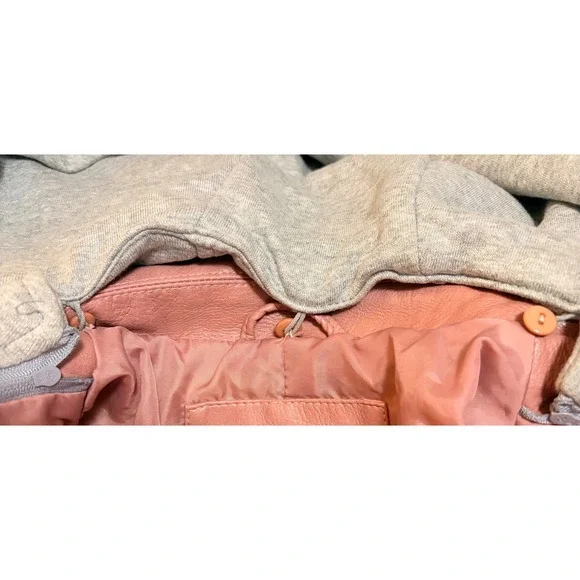 Vintage Le Chateau Medium Pink Faux Leather Moto Jacket w/ Grey Hoodie - Picture 9 of 11